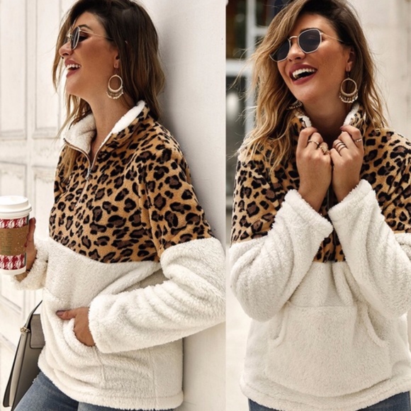Sweaters - RANDALL leopard Print Furry Zipper Sweater
